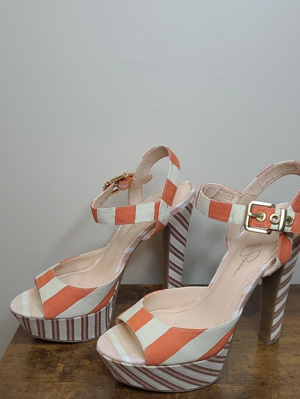 Jessica Simpson PAPAYA Orange & Cream Sundown Yacht Striped Platform Heels (9)